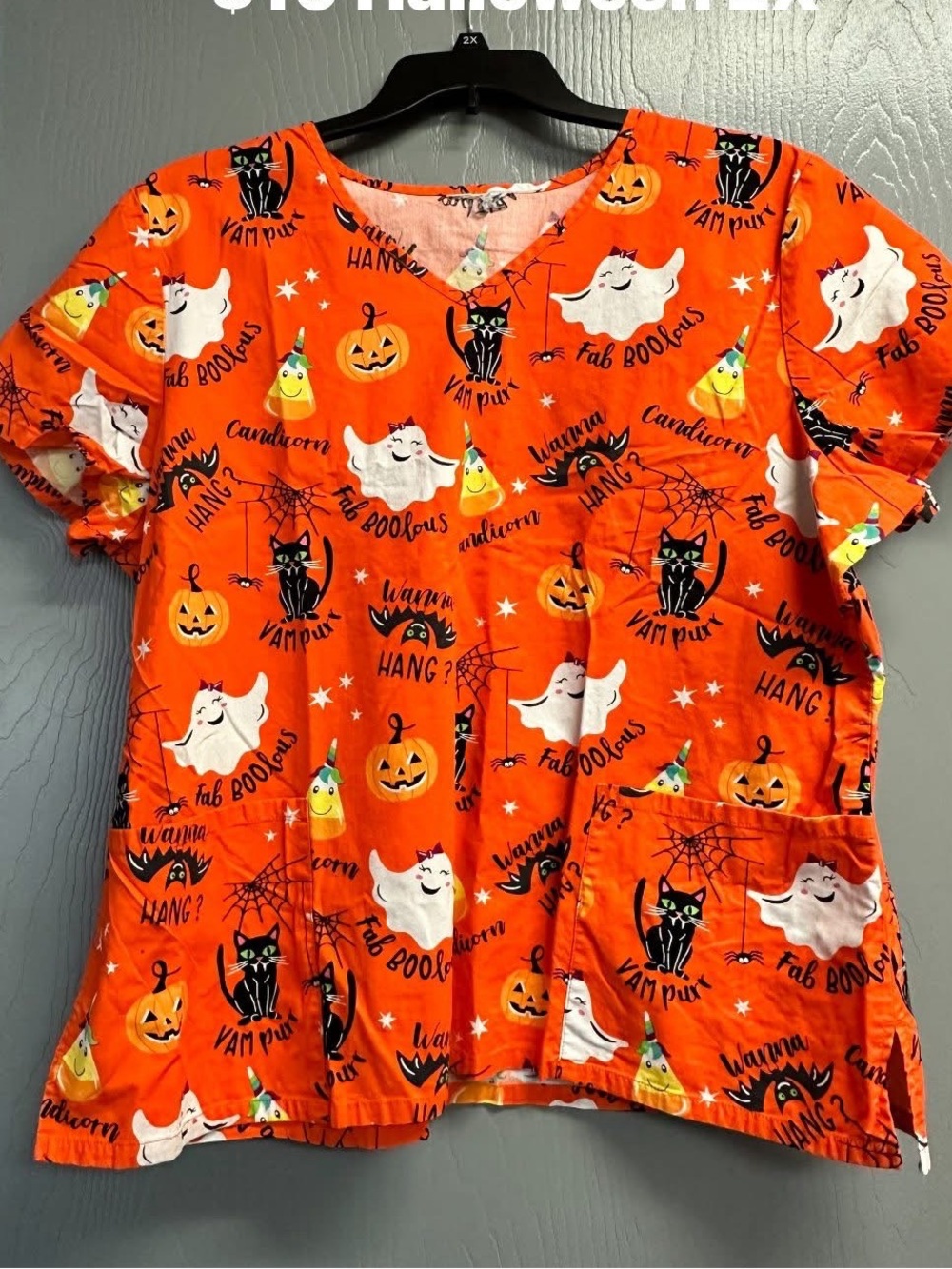 Kids Halloween Scrub Top - Orange Ghost & Pumpkin Print